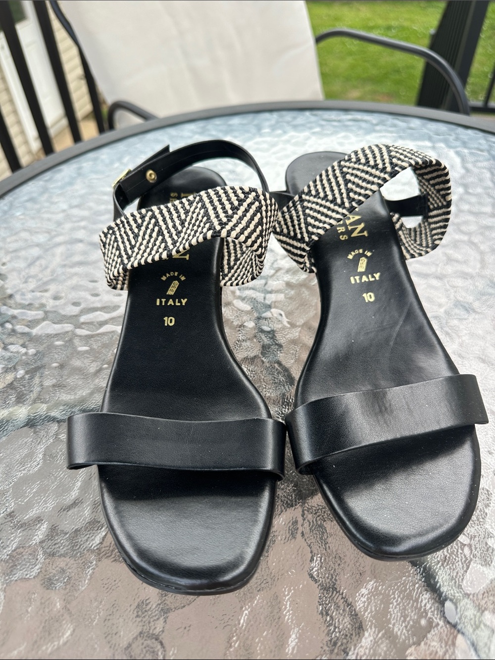 Italian Shoemakers Black Leather Sandals with Woven Black-and-Cream Ankle Strap